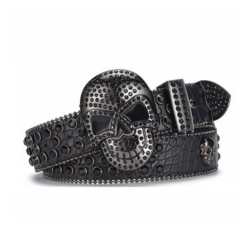 Skull Buckle Black Strap With Black Studded Rhinestone Belt
