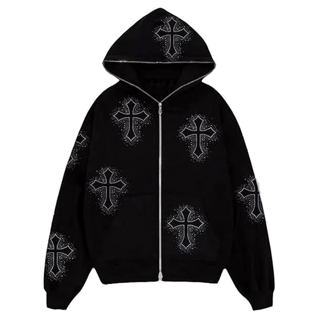 Retro Cross Graphic Rhinestone Hoodie