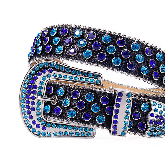 Blue & Purple Rhinestone Belt with Shiny Black Strap