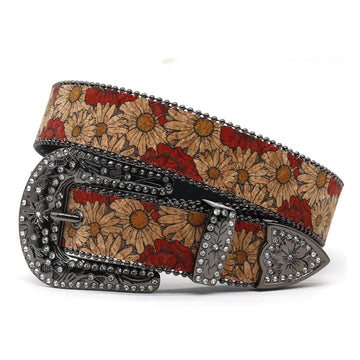 Engraved Buckle Flower Art White Studded Rhinestone Belt
