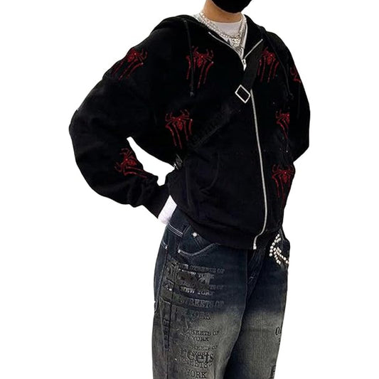 Hip Hop Spider Design Rhinestone Hoodie