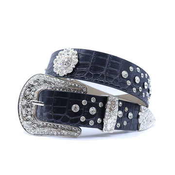 Engraved Buckle Flower Black Strap With Crystal Studded Rhinestone Belt
