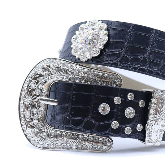 Engraved Buckle Flower Black Strap With Crystal Studded Rhinestone Belt