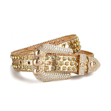Skull Buckle Gold Strap With Crystal Studded Rhinestone Belt