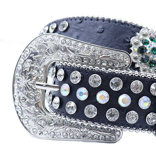 Engraved Buckle Flower Black Strap With Multi & Crystal Studded Rhinestone Belt