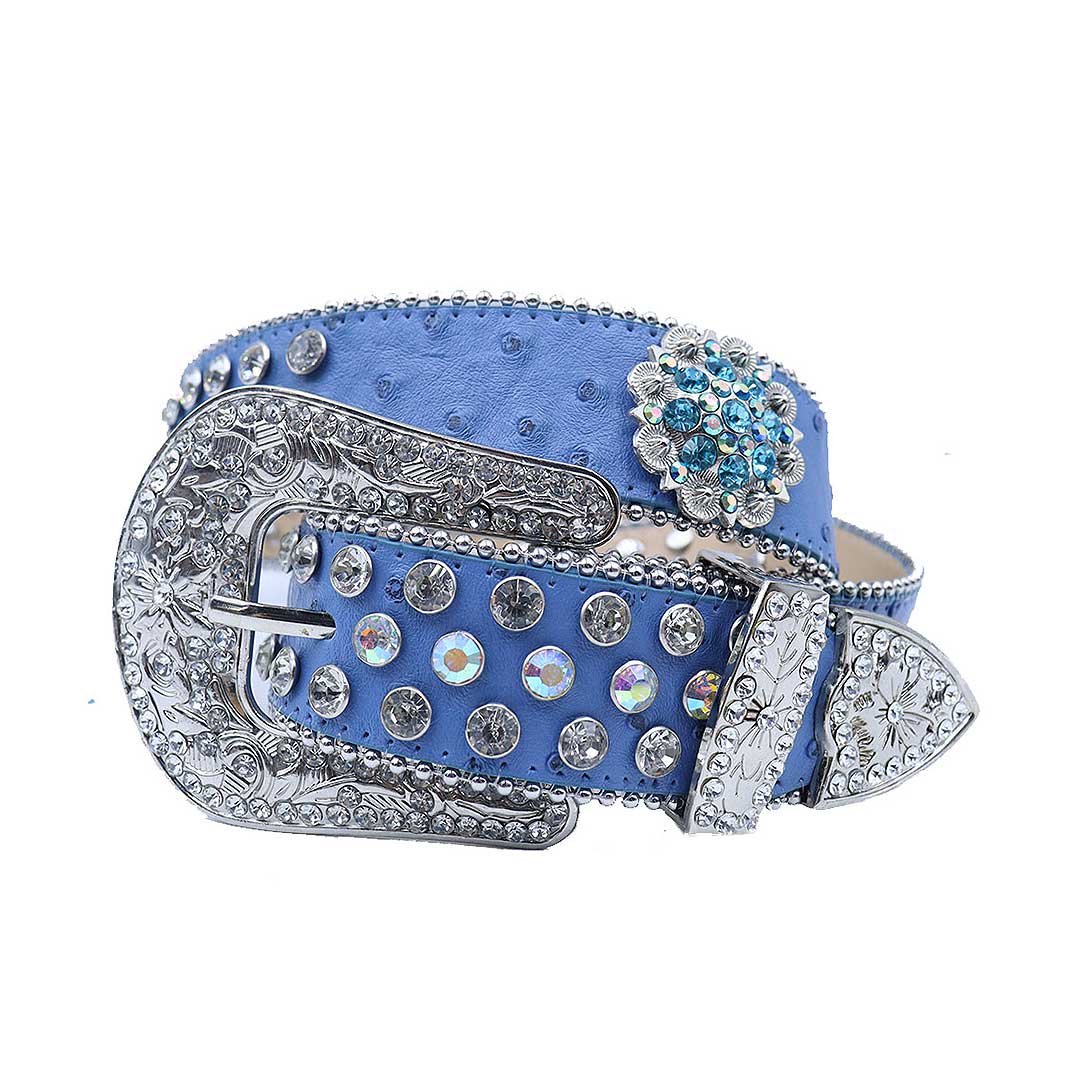 Engraved Buckle Flower Blue Strap With Multi & Crystal Studded Rhinestone Belt