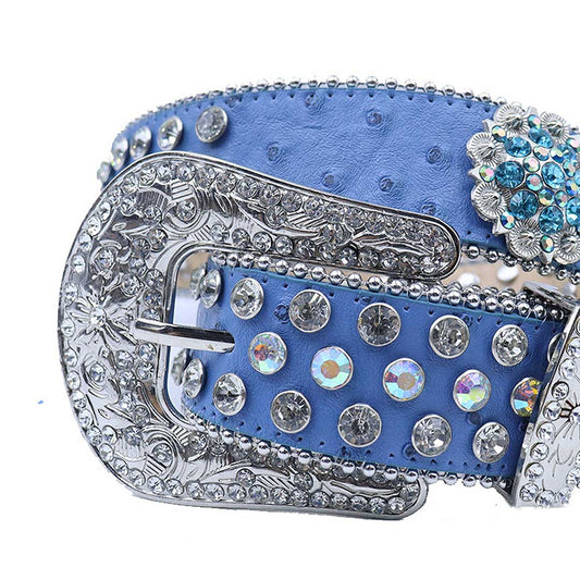 Engraved Buckle Flower Blue Strap With Multi & Crystal Studded Rhinestone Belt