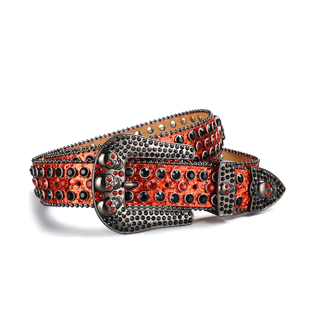 Skull Buckle Shiny Orange Strap With Orange & Black Studded Rhinestone Belt