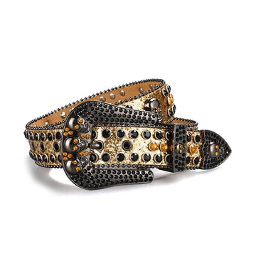 Skull Buckle Gold Strap With Gold & Black Studded Rhinestone Belt