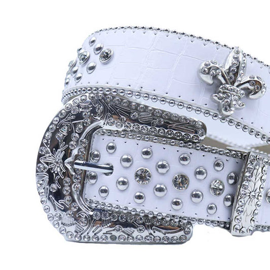Engraved Buckle Crown White Strap With Crystal & Metal Studded Rhinestone Belt