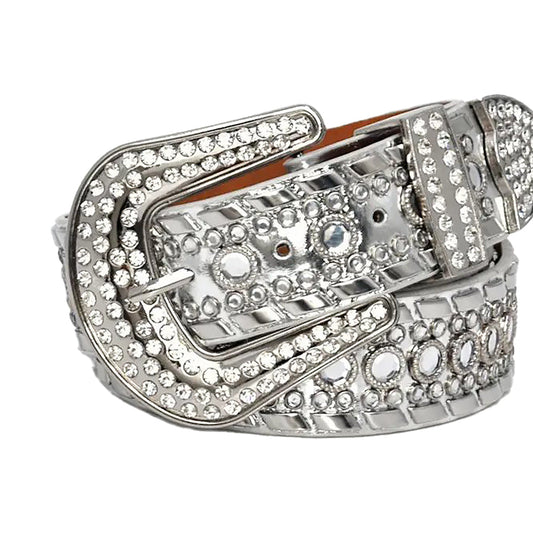 Diamond Rhinestone and Silver Studs Belt With Grey Strap