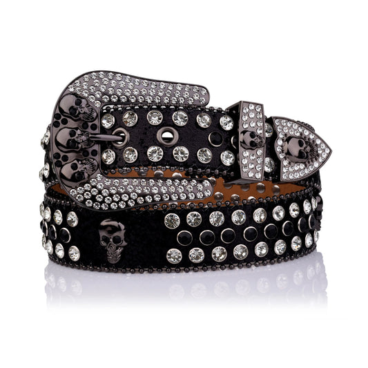 Skull Buckle Black Strap With Black & Crystal Studded Rhinestone Belt