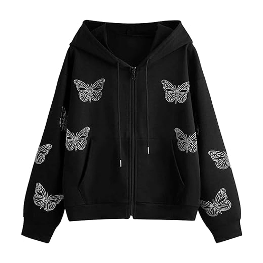 Women's Casual Butterfly Drawstring Rhinestone Hoodie