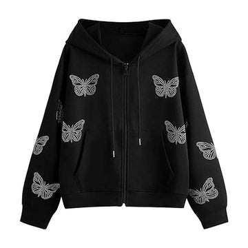 Women's Casual Butterfly Drawstring Rhinestone Hoodie