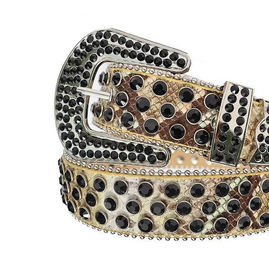 Black Rhinestone Belt With Golden Snake Texture Strap