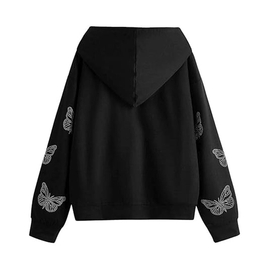 Women's Casual Butterfly Drawstring Rhinestone Hoodie
