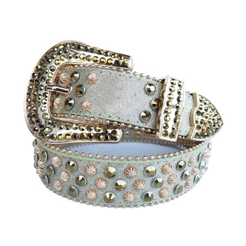 Chromatic Rhinestone And Copper Studs Belt With Grey Strap