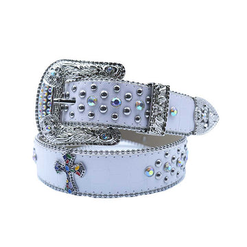 Engraved Buckle Cross White Strap With Multi & Metal Studded Rhinestone Belt