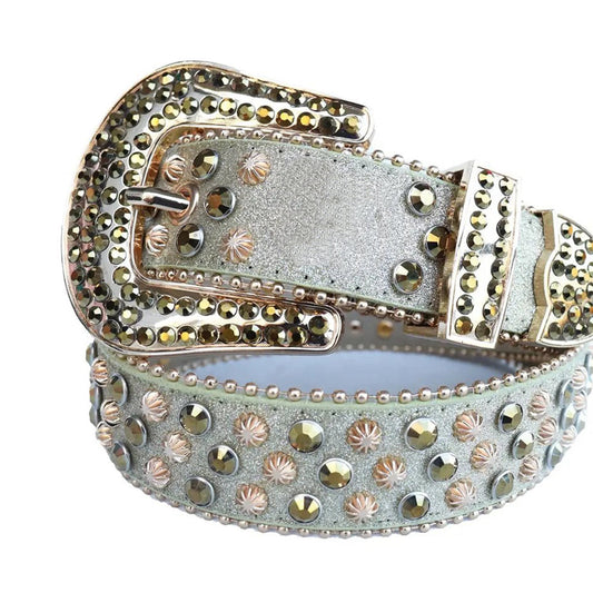 Chromatic Rhinestone And Copper Studs Belt With Grey Strap