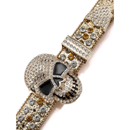 Skull Buckle Shiny Gold Strap With Gold & Crystal Studded Rhinestone Belt