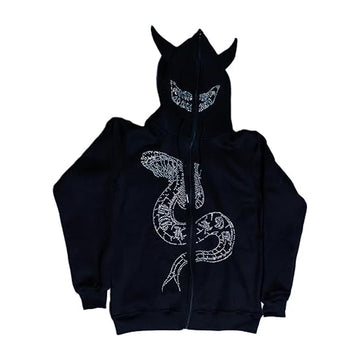 Devil Snake Full Zip Oversized Rhinestone Hoodie