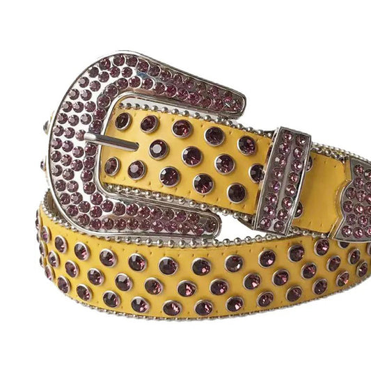 Wine Rhinestone Belt With Yellow Strap