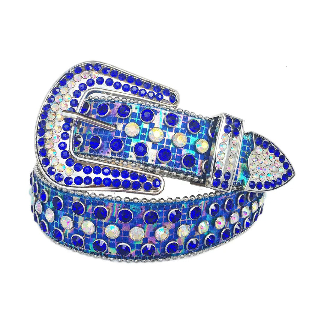Blue And Chromatic Rhinestone Belt With Blue Strap