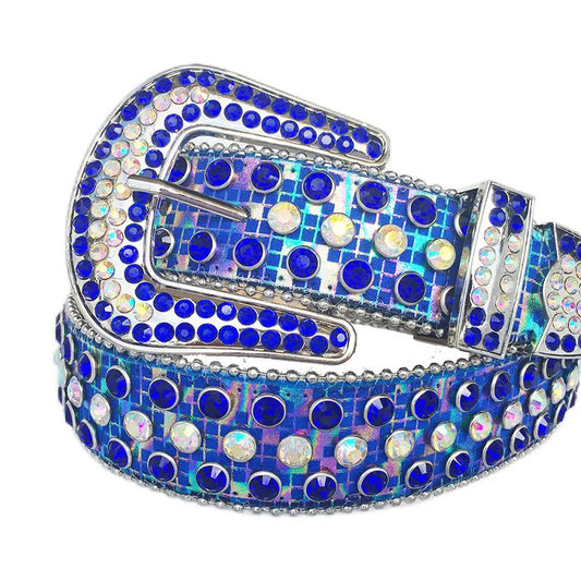 Blue And Chromatic Rhinestone Belt With Blue Strap