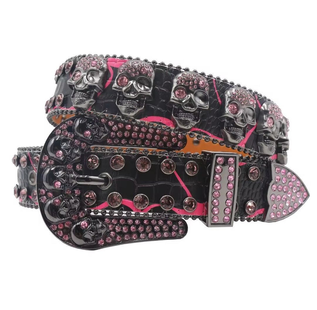 Skull Buckle Black Strap With Pink Crystal Studded Rhinestone Belt