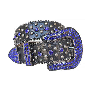 Blue Rhinestone With Silver Studs Belt With Black Texture Strap