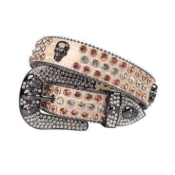 Skull Buckle Beige Strap With Brown & Crystal Studded Rhinestone Belt