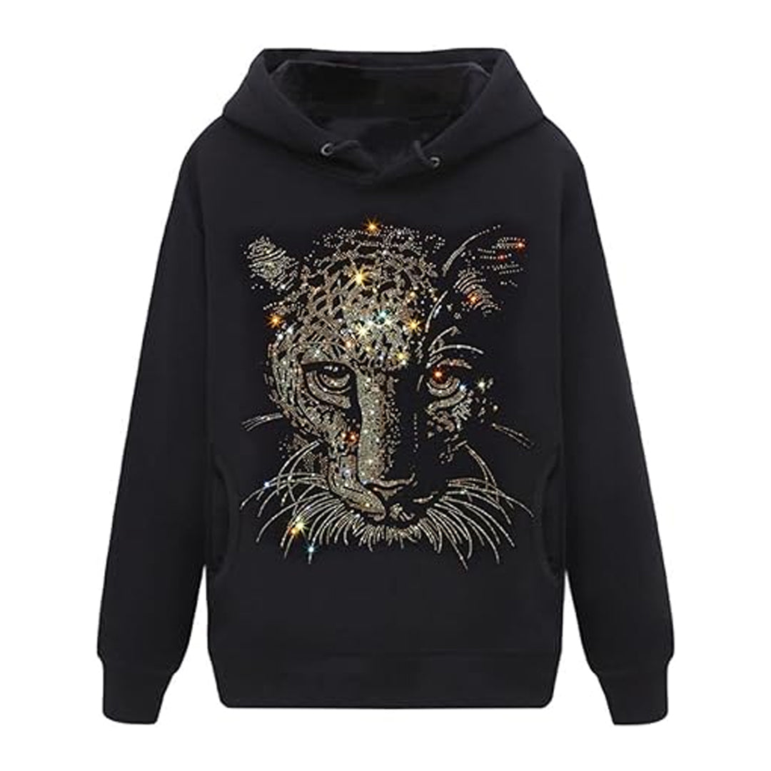 Leopard Print Shiny Rhinestone Hoodie