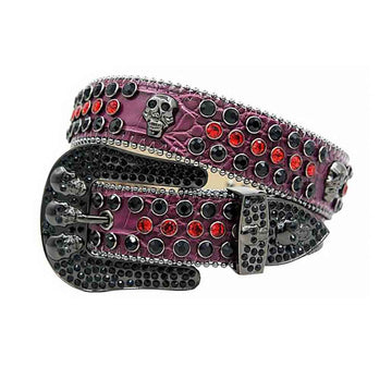 Skull Buckle Purple Strap With Black & Red Studded Rhinestone Belt