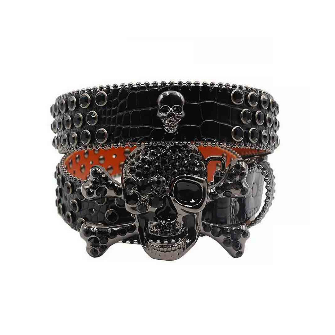 Metal Skull Buckle Black Strap With Black Studded Rhinestone Belt