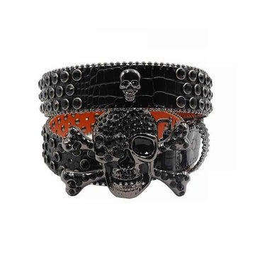 Metal Skull Buckle Black Strap With Black Studded Rhinestone Belt