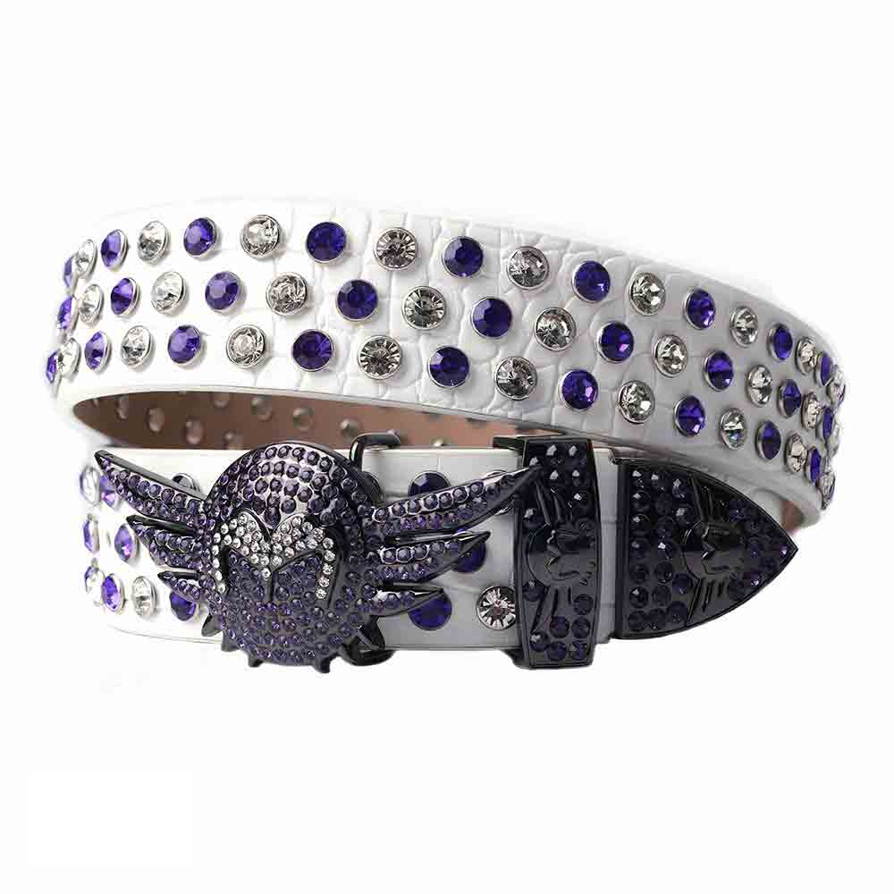 Black and White Angel Wings Buckle Rhinestone Belt with White Strap