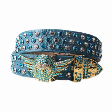 Blue Angel Wings Buckle Rhinestone Belt with Blue Strap With Silver Studded diamonds