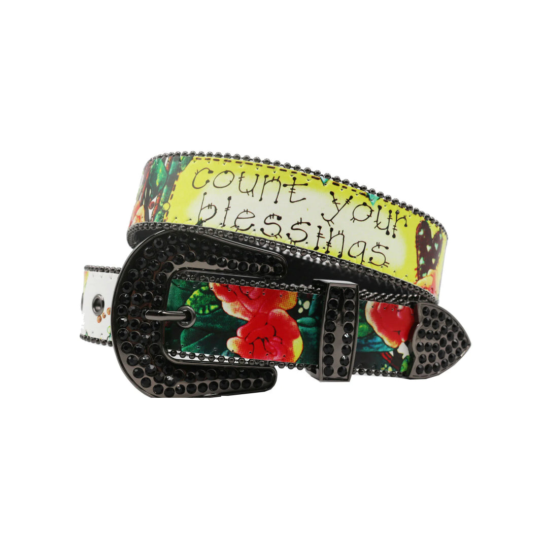 Count Your Bless Strap With Black Studded Rhinestone Belt