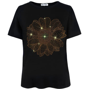 Sunflower Print Rhinestone Shirt