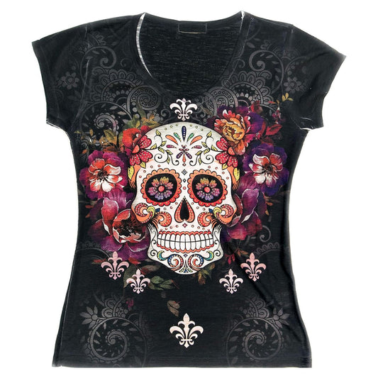 Floral Skull Printed Rhinestone Shirt