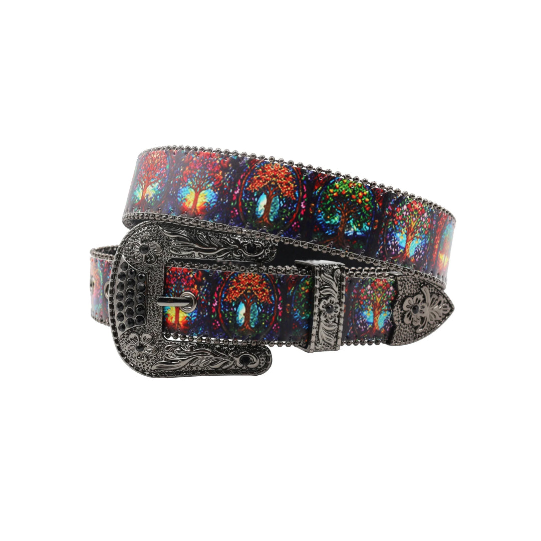 Wide Buckle Colorfull Tress With Black Studded Rhinestone Belt