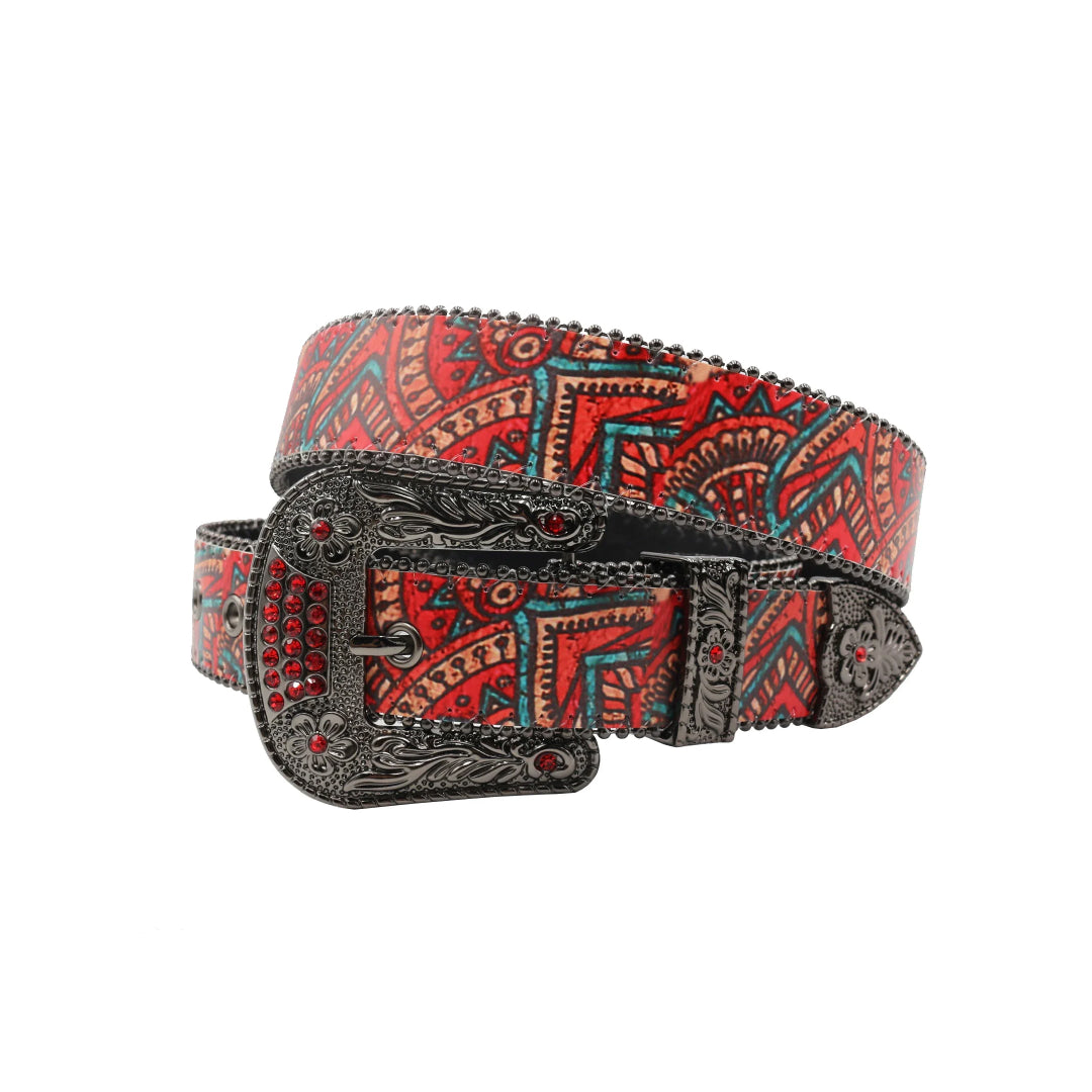 Black Buckle Classic Strap With Red Studdent Rhinestone Belt