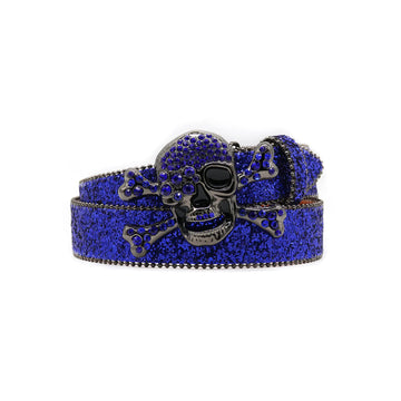 Skull Buckle With Glittering Studs & Classic Western Flair Blue Rhinestone Belt