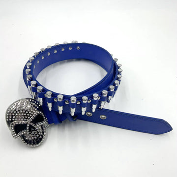 Skull Buckle with Blue Bullets Strap Rhinestone Belt