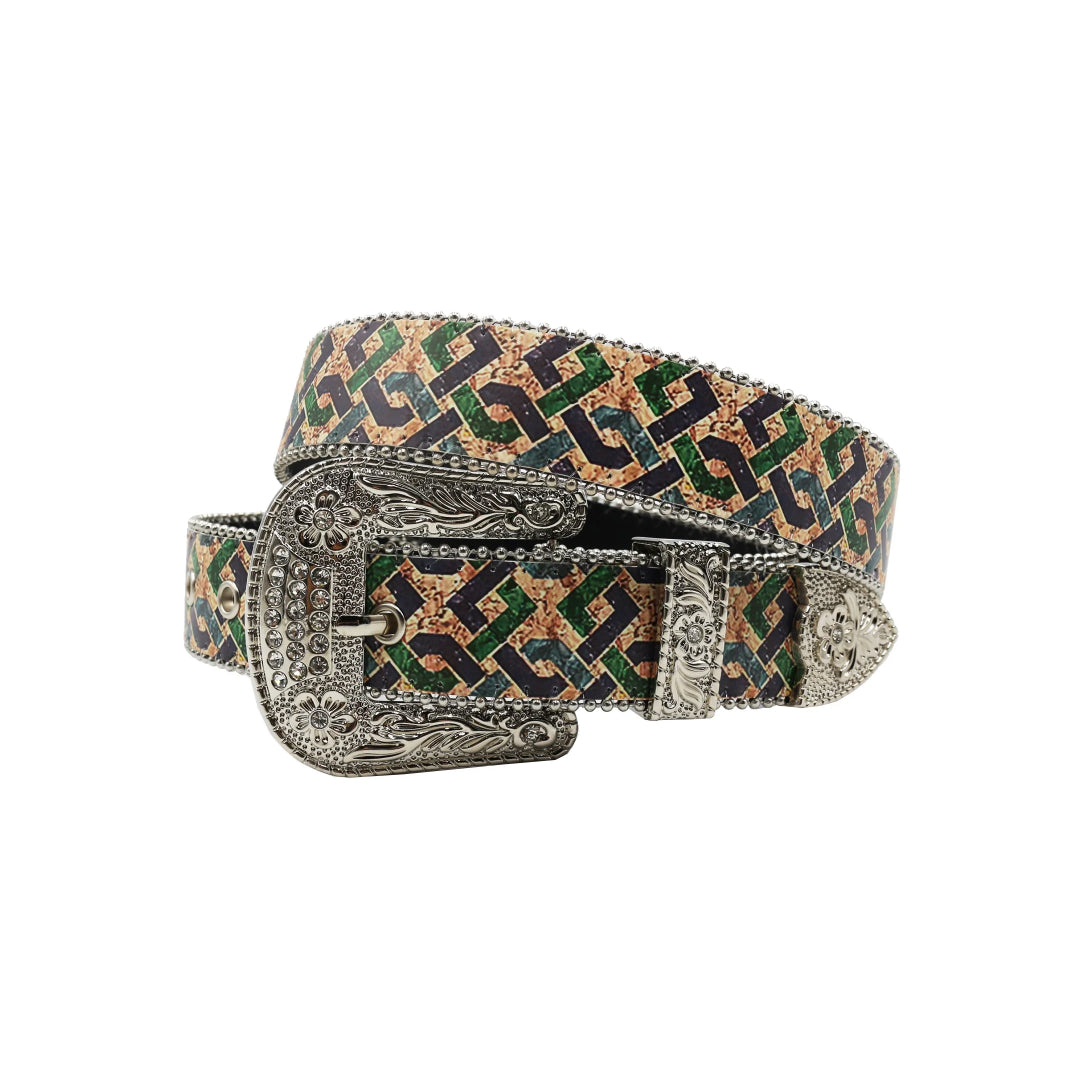 Silver Buckle Lining Strap With Silver Studded Rhinestone Belt