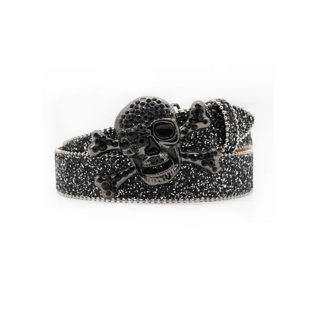 Midnight Black Western Rhinestone Belt with Intricate Skull Buckle