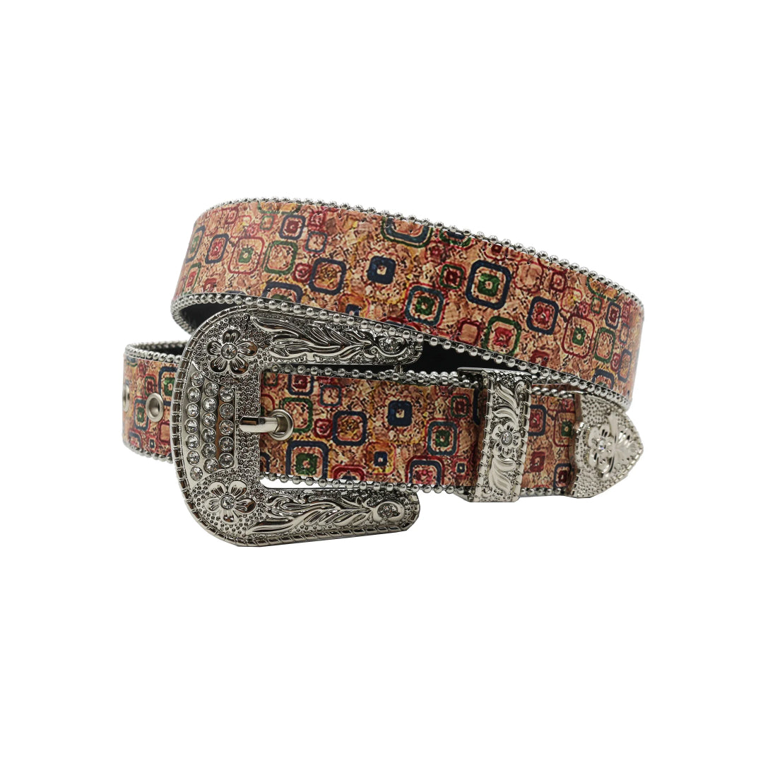 Silver Buckle Square Desigen Strap With Silver Studded Rhinestone Belt