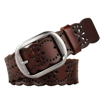 Leather Belt Hollow Flower Wide Belt-Women Leather Belts-Premium Leather Store