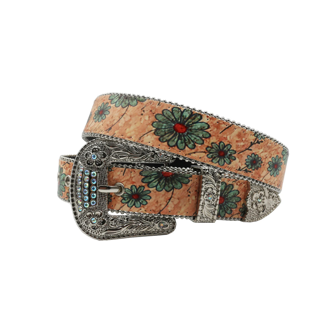 Wide Buckle Flower Style With Blue Studded Rhinestone Belt