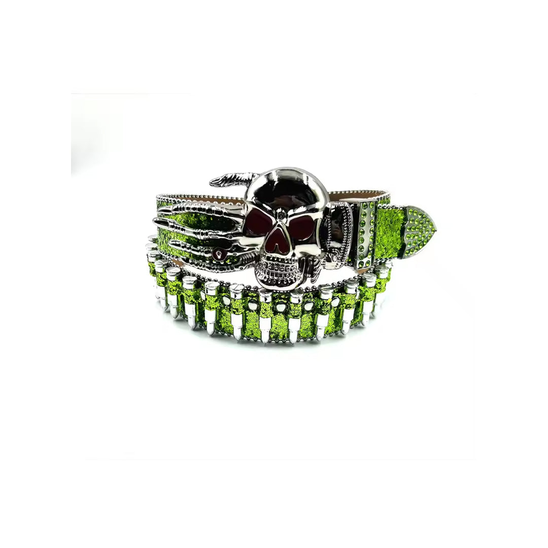 Skull Buckle Glitter Green Strap Bullet Studded Rhinestone Belt